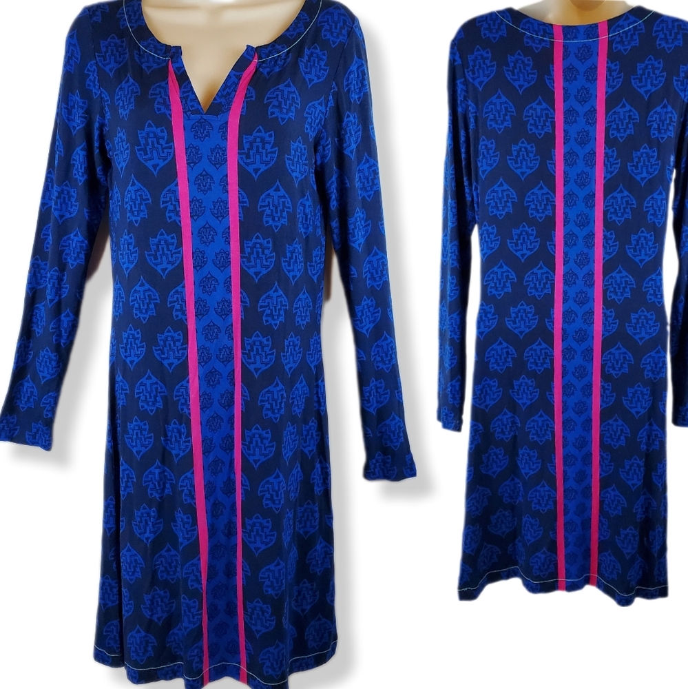 Hadley Blue Tribal Boho Dress Size XS Womens Vneck Long Sleeve Knit